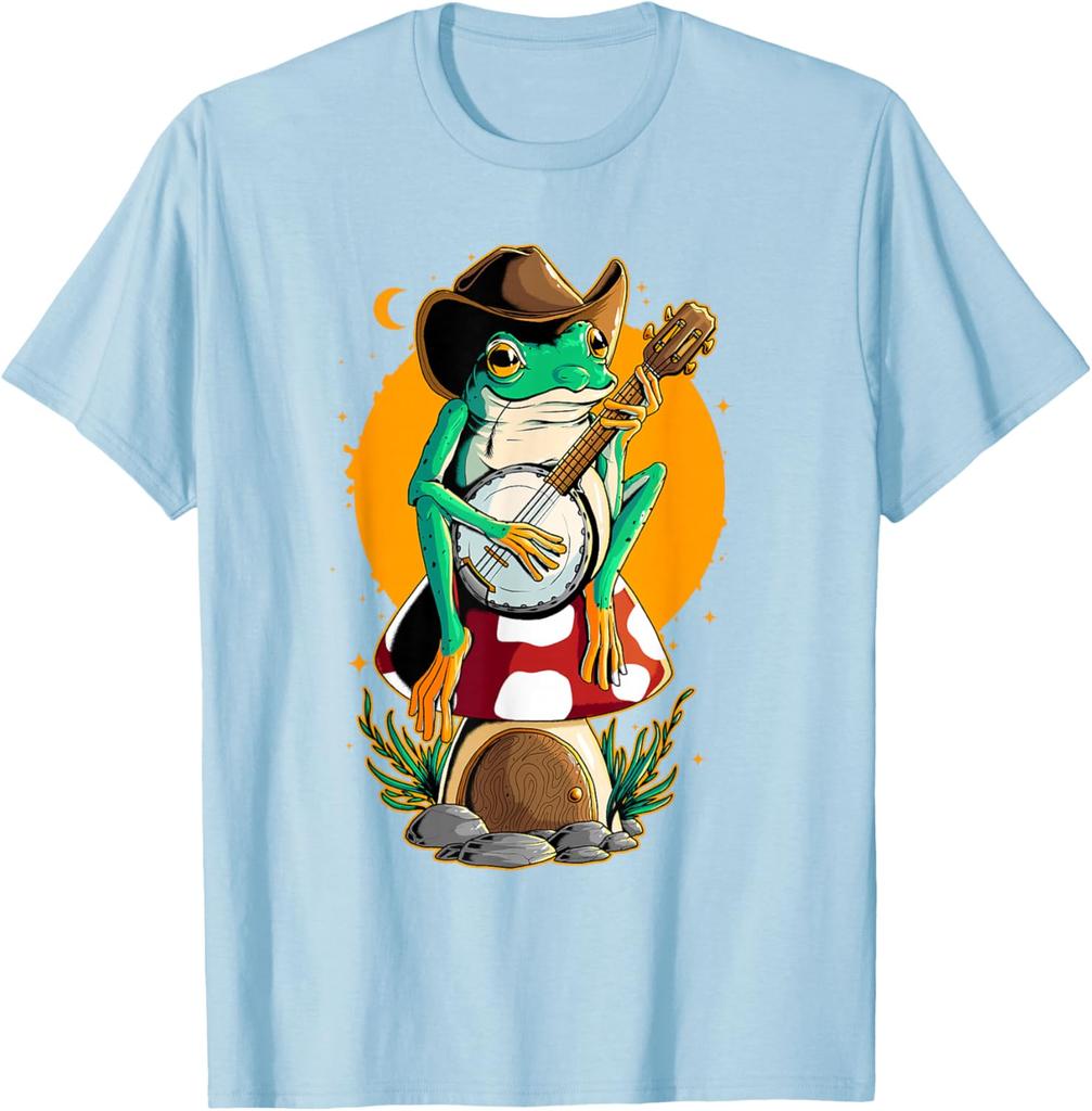 Cowboy Frog Playing Banjo Mushroom House Graphic T-Shirt Retro Cottagecore Aesthetic Casual Cotton Tee