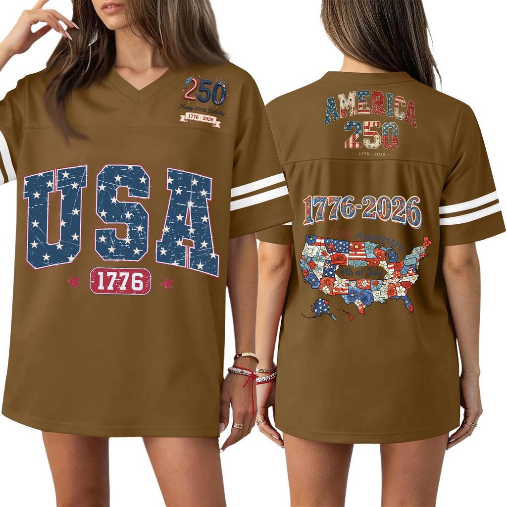 Damska Codzienna Modna Koszulka Sportowa z Dekoltem V z Nadrukiem na Dzień Niepodległości Krótkim Rękawem Top