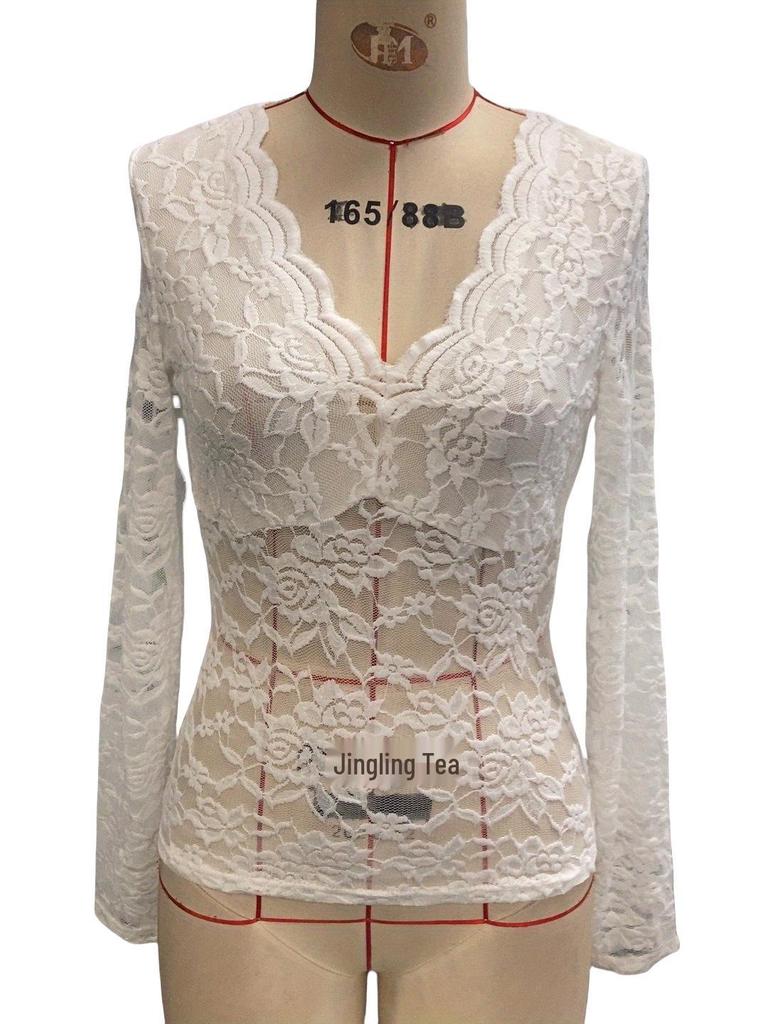 Elegant Women's V-Neck Fan Collar Lace Pullover Top
