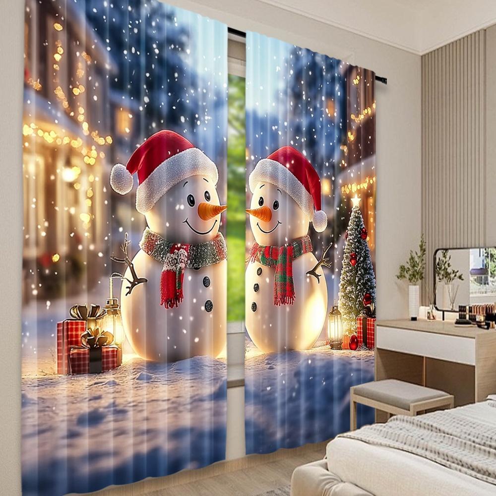 2D Flat Printing 2pcs Christmas Curtains Day Snowman and Christmas Tree8 Digital Printed Polyester Drapes Birthday Party Use for