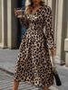 Leopard Print V-Neck Long Sleeve Dress - European & American Style, High Waist, Women's Elegant Commute Wear