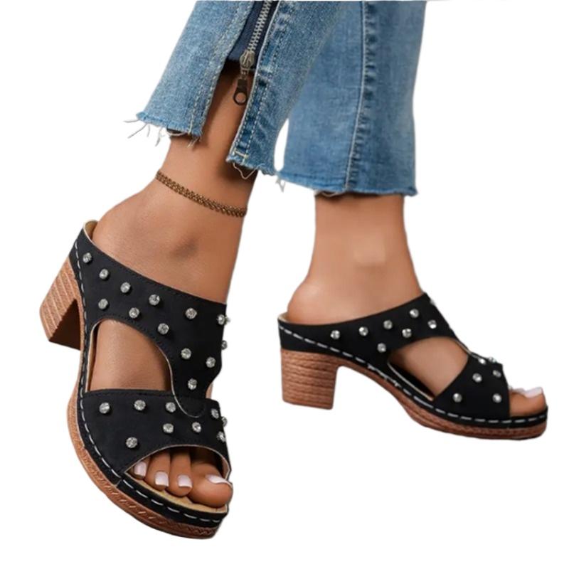 Fashion Plus Size 2025 Rome Summer Round Toe Women's Slipper Hot Sale Outdoor Office Sandals Women with Crystal Chunky Heels Slippers
