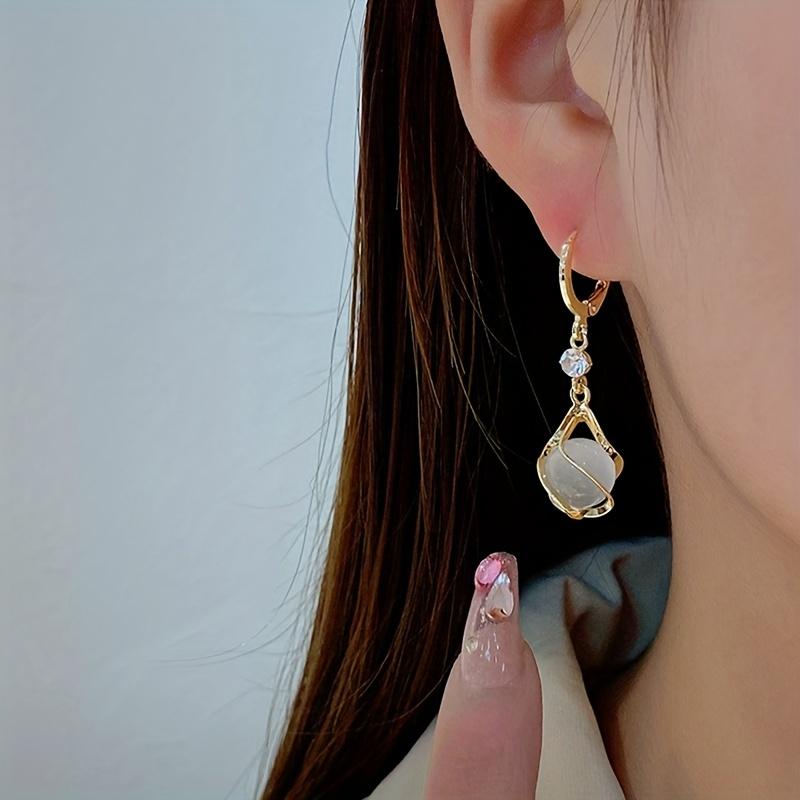 Moonstone Bead Shiny Rhinestone Decor Dangle Earrings Elegant Simple Style Copper Jewelry Delicate Female Gift