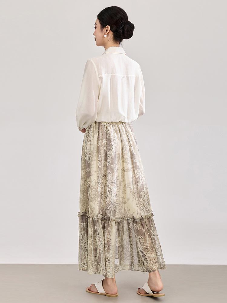 Elegant Resort-Style Tencel Acetate Shirt & Retro Print Skirt Set for Women