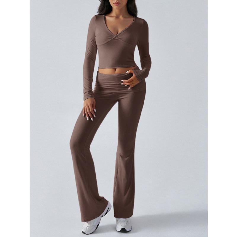 

Women s Y2K Casual Sports Style Solid Color Top 2 Piece Set XL кавовий