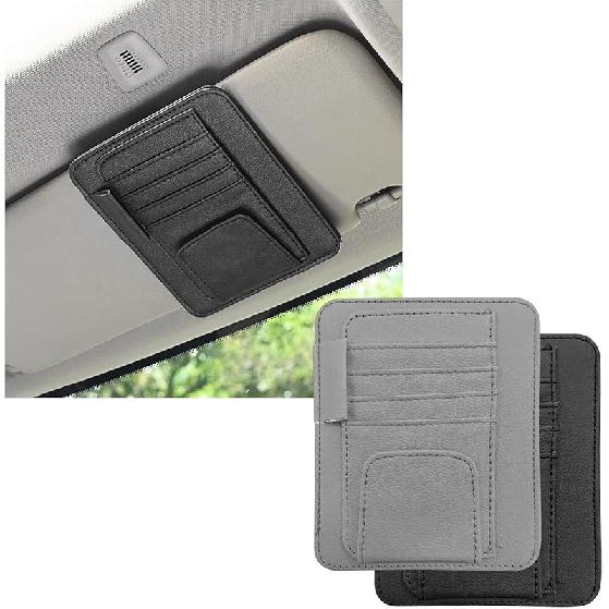 2PCS Small Leather Car Sun Visor Organizer, Multifunctional Auto Visor Document Holder With Sunglasses Clip, Universal Car Interior Organizer For