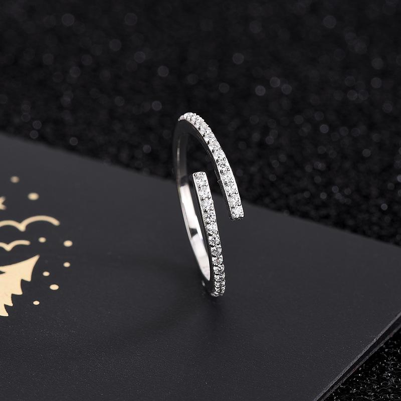 Korean Style S925 Sterling Silver Diamond Open Ring - Simple Women s Niche Design Adjustable Open платиновый