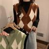 Women's Green Y2K Vintage Knitwear Sleeveless Argyle Knit V-Neck Blouse Tops Vest Sweater Korean Style Cardigan For Women
