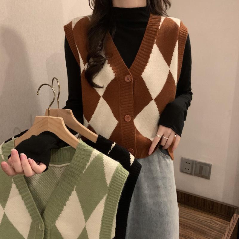 Women's Green Y2K Vintage Knitwear Sleeveless Argyle Knit V-Neck Blouse Tops Vest Sweater Korean Style Cardigan For Women