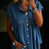 Women Shirt Denim Shirt, Lapel Short Sleeve Tops, Pure Color Relaxed Fit Tops Ruffle Splicing Casual for Work Parties Vacations Dates Summer