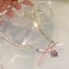 Kpop Goth Pink Ribbon Bow Imitation Pearl Beads Choker Necklace Y2K Sweet Cute Heart Pendant Clavicle Chain Girl Lolita Jewelry
