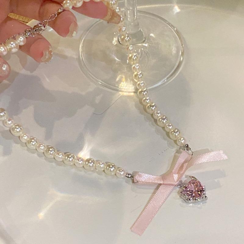 Kpop Goth Pink Ribbon Bow Imitation Pearl Beads Choker Necklace Y2K Sweet Cute Heart Pendant Clavicle Chain Girl Lolita Jewelry