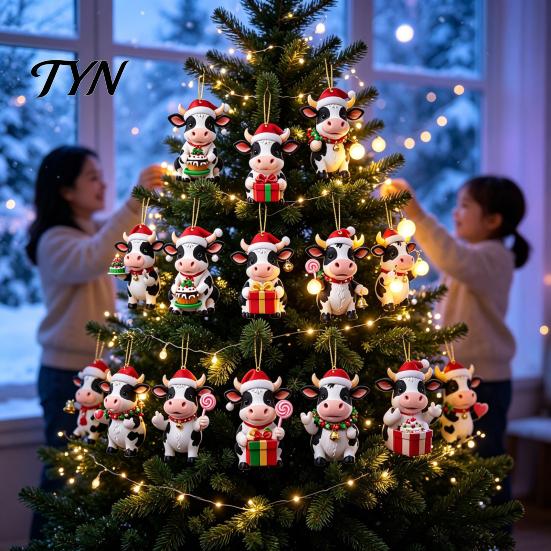 2026 Holiday Atmosphere Gift Set Christmas Cow Ornament Advent Calendar 2026, 24 Days 2D Acrylic Hanging Pendant Flat for Car Rearview Mirror