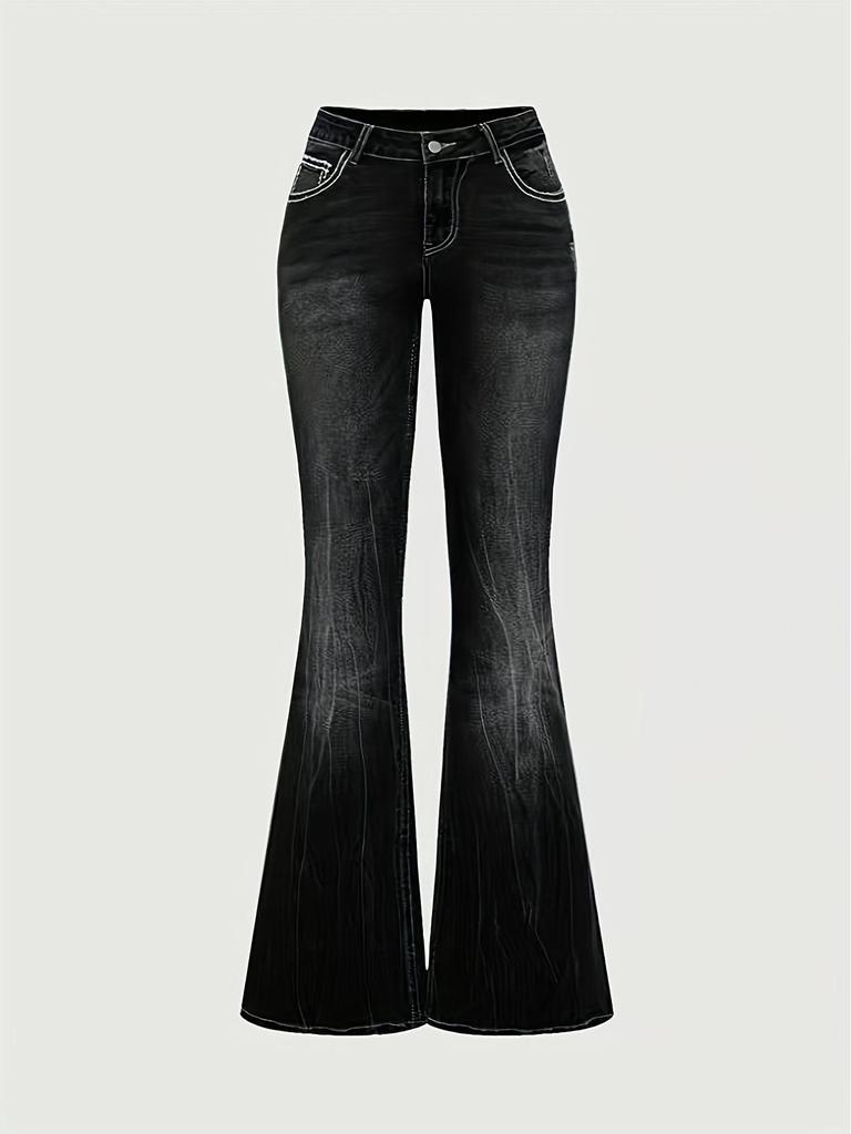 Jeans da donna slim micro-svasati con tasche ricamate e lavaggio scuro