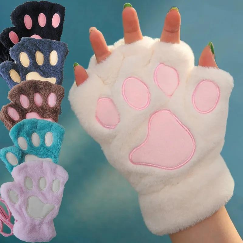 1pair Cat's Paw Gloves Ladies Winter Korean Cute Girls Fingerless Thick Warm Bear's Paw Plush Half-finger Gloves