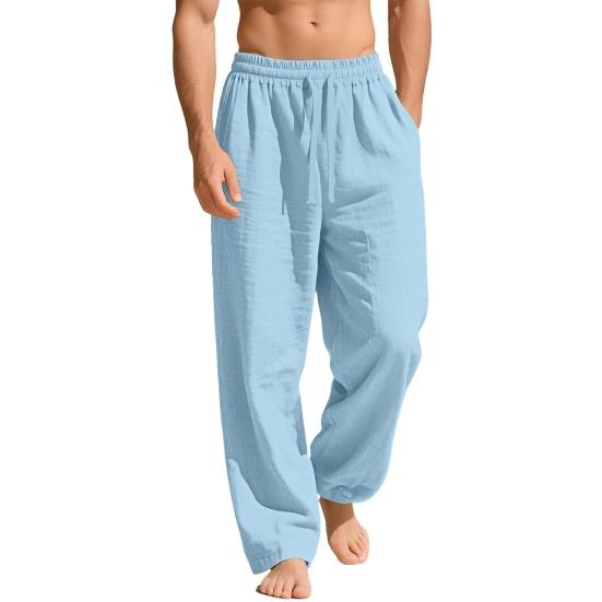 Mens Linen Wide Legs Pants Summer Solid Color Loose Casual Pants Breathable Drawstring Elastic Waist Straight Trousers with Pockets