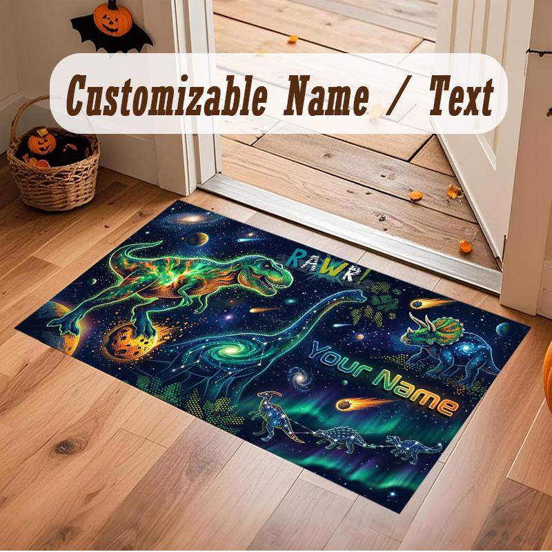 Dinosaur Theme Soft Crystal Velvet Rug Custom Name & Text Print Non Slip Floor Rug for Bedroom Living Room
