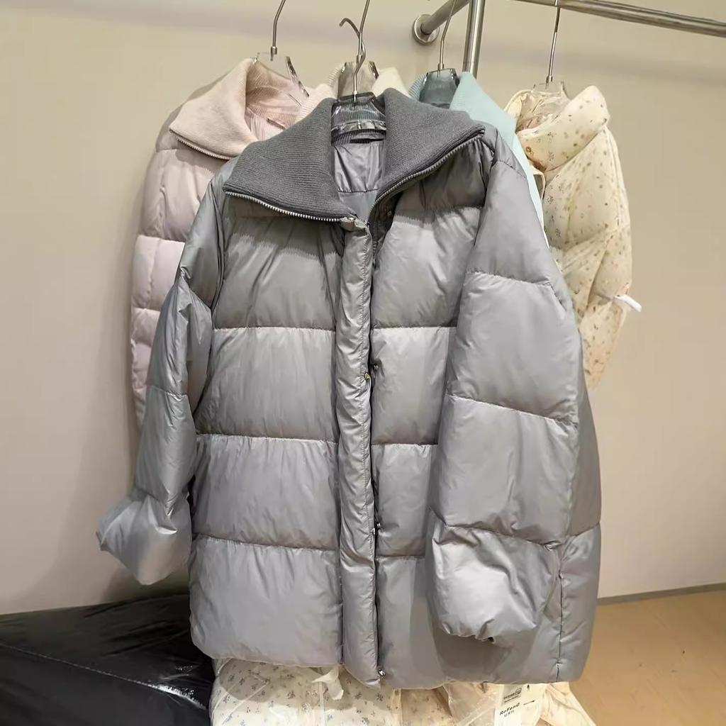Knitted Lapel Down Jacket Women's Winter New Loose Thickened White Duck Down Soft Waxy Bread Jacket