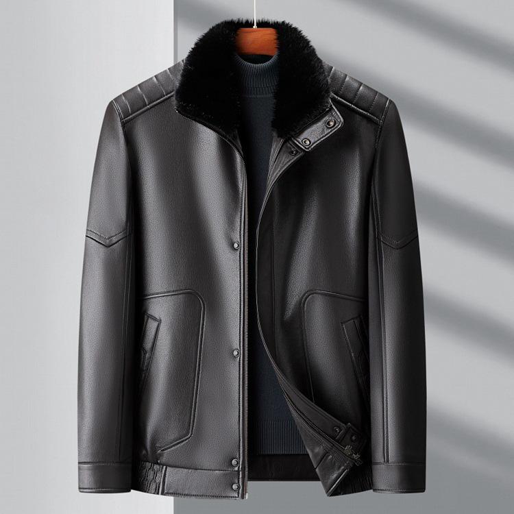 Luxury Men's Winter Leather Jacket with Down Liner - Middle-Aged Business Casual Warm Fur