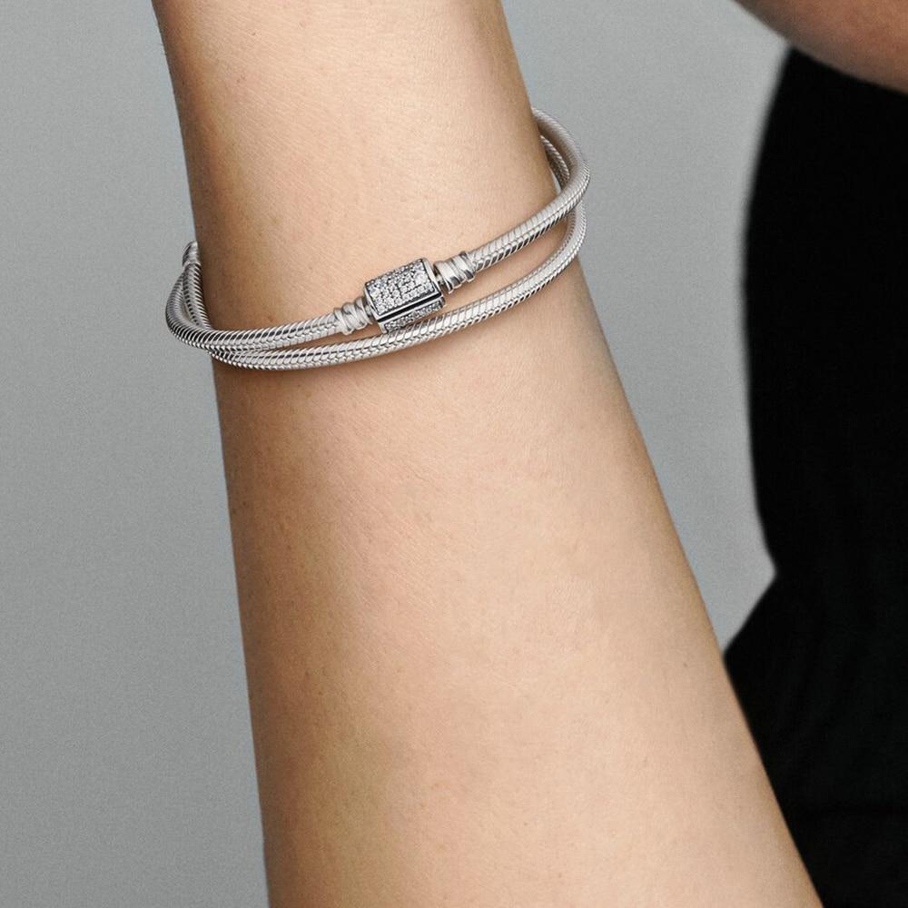Luxury Jewelry Fashion Moments Sterling 925 Silver Double Wrap Barrel Clasp Snake Bracelet /Necklace Elegant Popular High Quality
