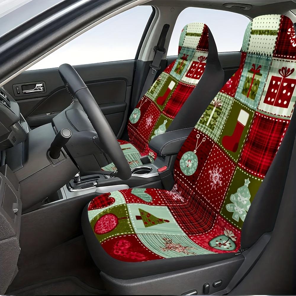 2pcs Christmas Car Seat Covers - Red, Green, Brown, Golden, Navy, Burgundy, & Golden Plaid Patterns - Soft Polyester Fabric, Mac