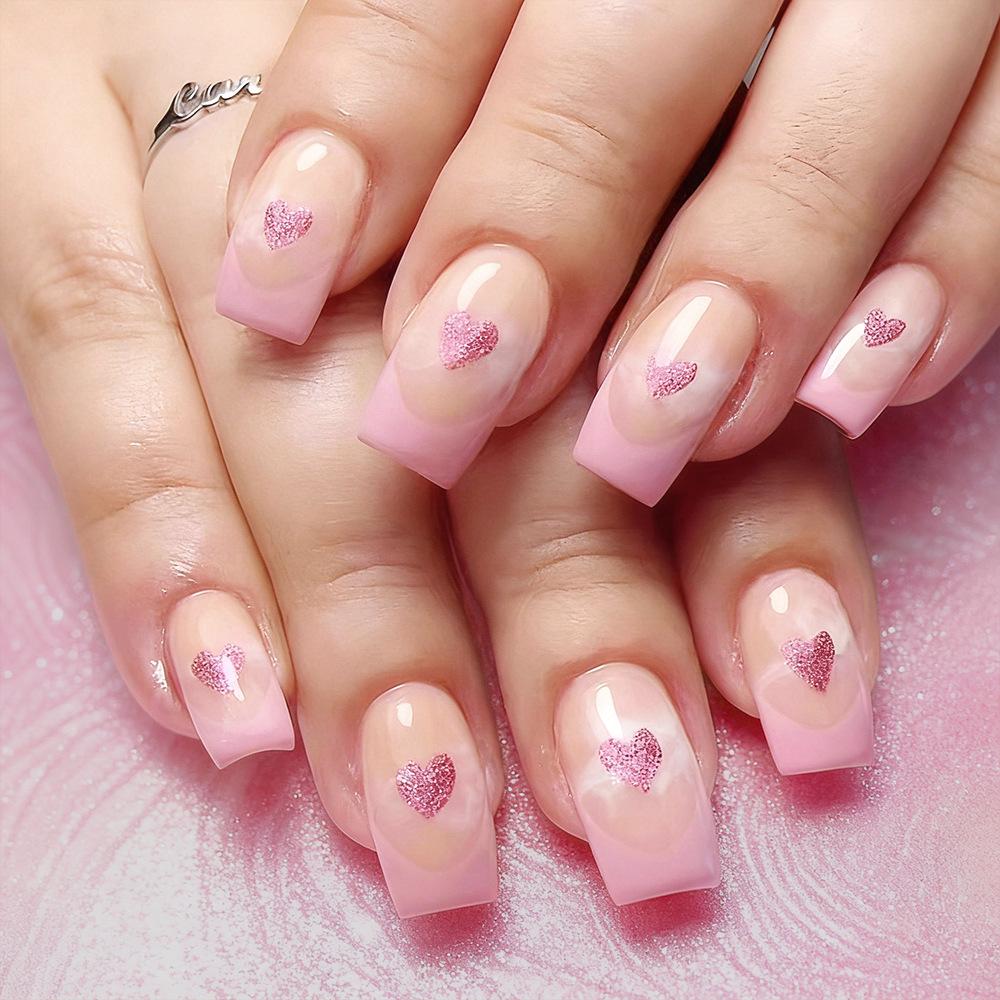 Valentine s Day Glossy Pink Heart Glitter Wearable Nails - 24 Removable False Fingernails
