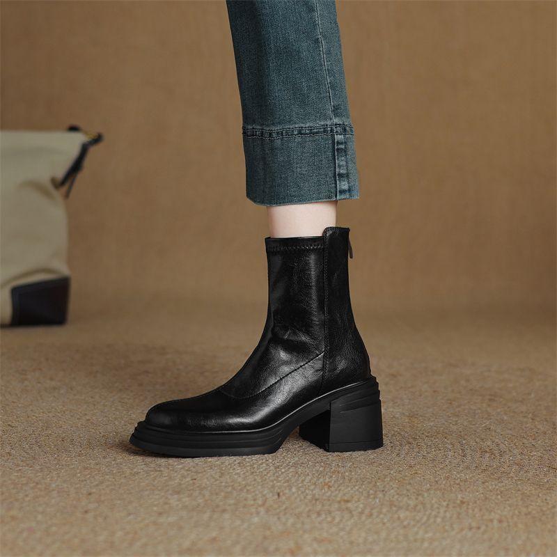 French small black short boots small thick-soled heightening Martin boots autumn and winter velvet high-heeled thin boots