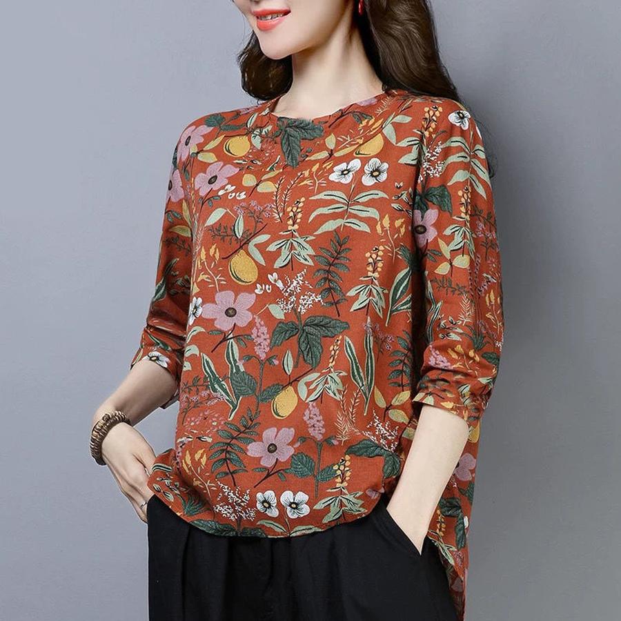 New Floral Long Sleeve T-Shirt Women Spring/Autumn Oversized Mom Style Trendy Base Layer Casual Chic