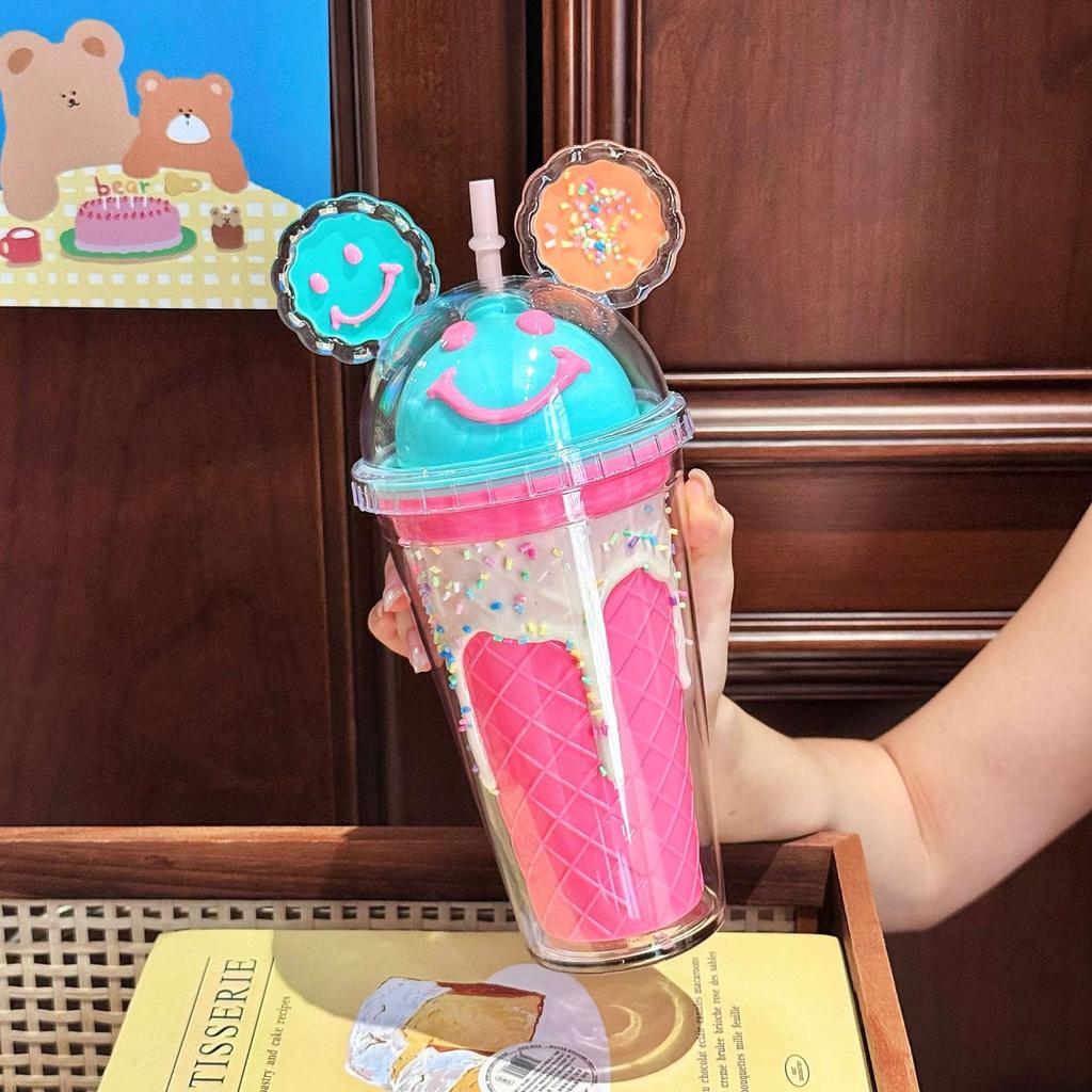 Fashion and Creative Smiley Face Water Cup Large Capacity Bingba Straw Cup Plastic Cup Exquisite Lady Gift