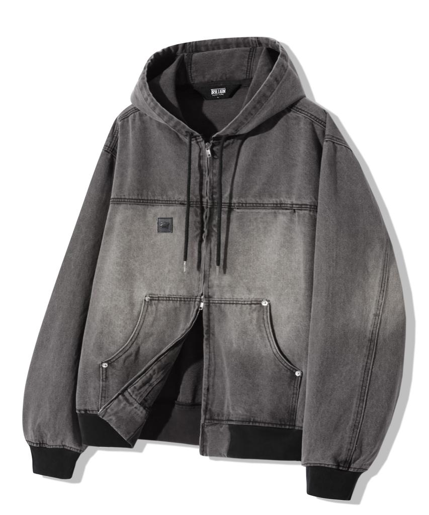 Trillion Vintage Washed Denim Work Zip-Up Hoodie_Light Gray