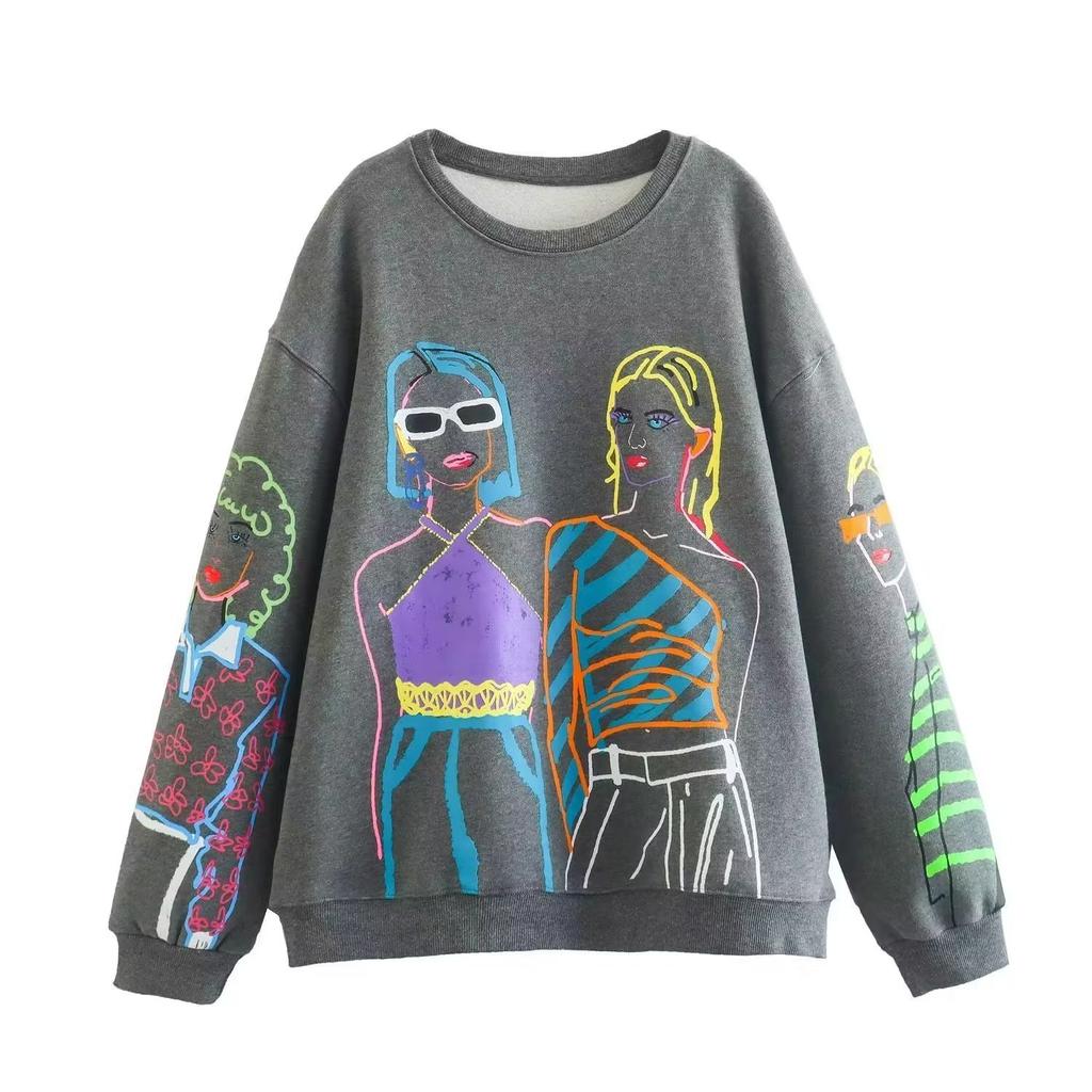 Spring and Autumn Fashion Women's Modern Girl Round Neck Sweatshirt Hoodie Graphic Printing Women's Oversized Funny Pullover