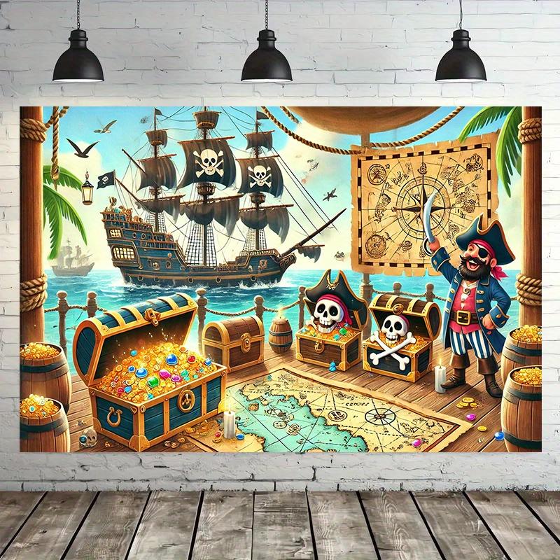 1 stk Piratskattefest Baggrundsklud, polyester, med tegneseriepirater, sejlbåde og skatte - boligdekoration