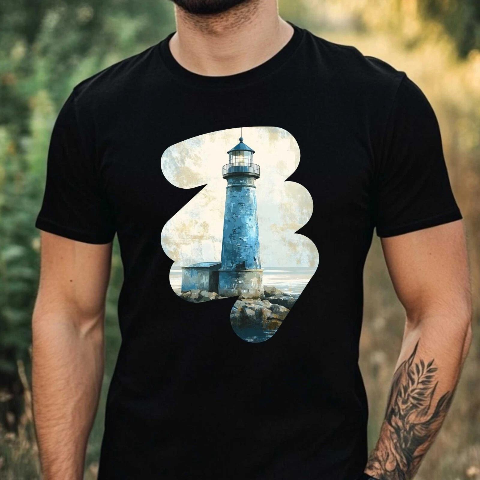 T-Shirt Herren Blauer Leuchtturm Motiv Baumwolle Größe XS bis 5XL XS