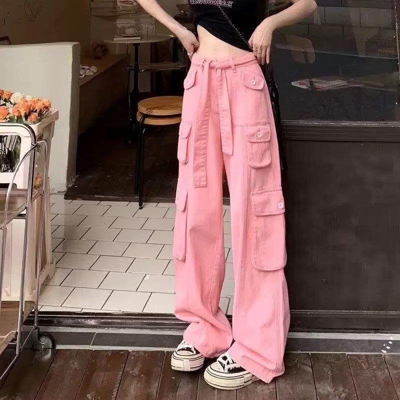 Vintage Pink Cargo Pants Women 2023 Loose Slipper Denim Pants Oversized Jeans Pants for Women Hip Hop Trousers