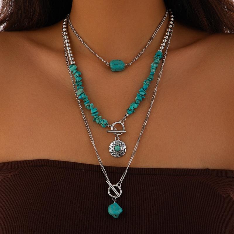 Retro Beaded Geometry Turquoise Necklace Adjustable Length Neckchain Women's Fashion Accessories for Casual Occasions