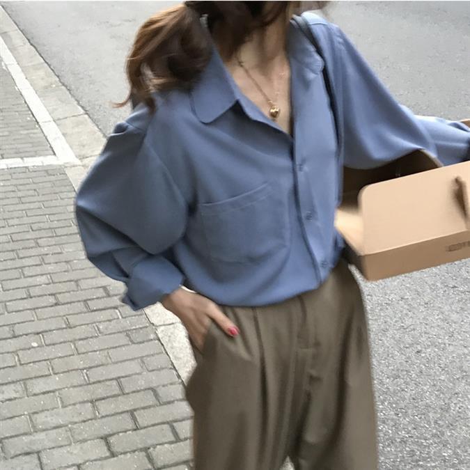 Shirt Design Sense Niche 1116 New Spring and Autumn Chic Hong Kong Flavor Shirt Gentle Wind Haze Blue Girl Feeling Top