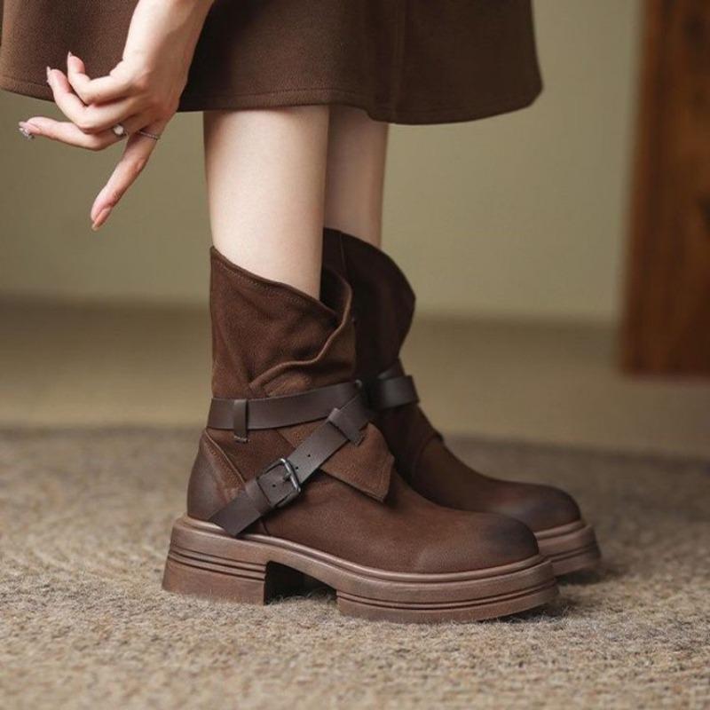 Fashion British Style Fashion Versatile Womens Boots 2025 Autumn New Round Head Platform Locomotive Boots Velvet Warm Short Boot Women