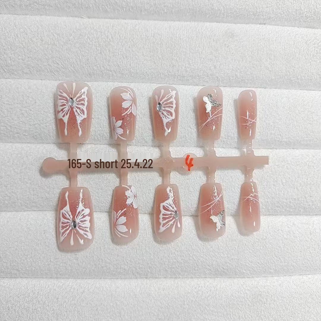 

Набор коротких французских ногтей с блестками-бабочками - 10 штук ручной работы