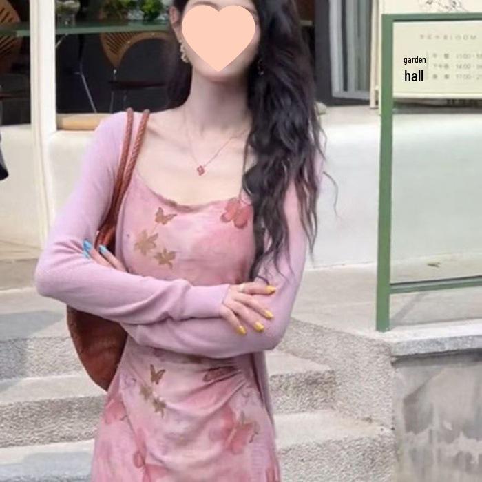 

Elegant Women s Floral Print Camisole Dress & Cardigan Set, French Style for Early Autumn, High-End & Slimming Waist-Cinched Two-Piece. Pink Cardigan