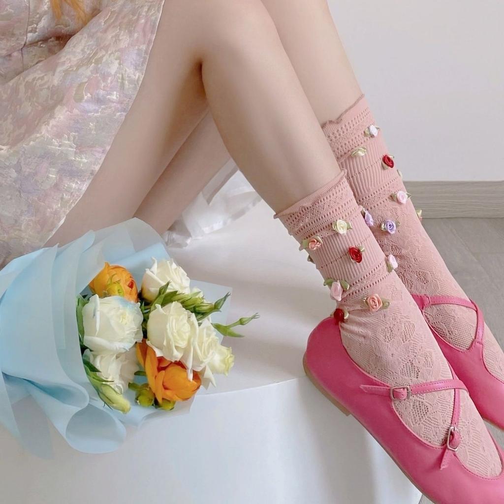 1 Paio Estate Nicchia Fuga Francese Rose Carine Dolci Belle Fiori di Pizzo Ragazza Calzini Traspiranti Calzini a Coste Media Lunghezza