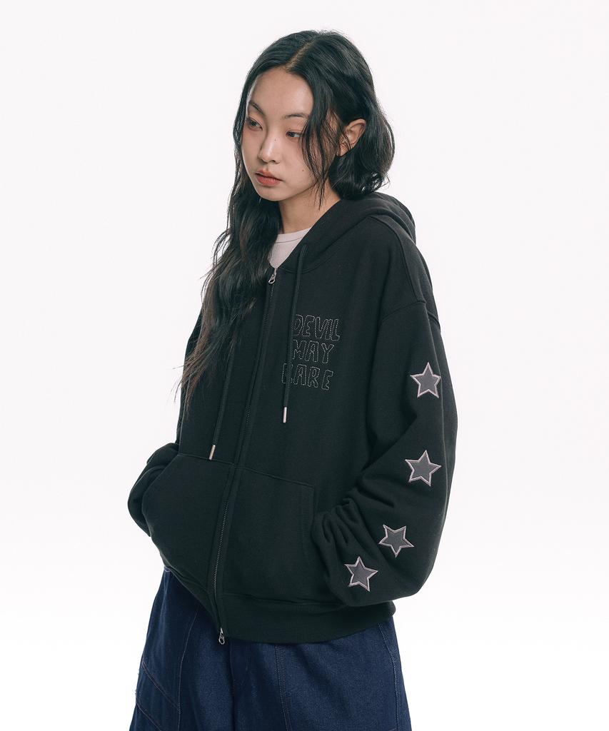 Moo Star Applique Zip-Up Hoodie - Black