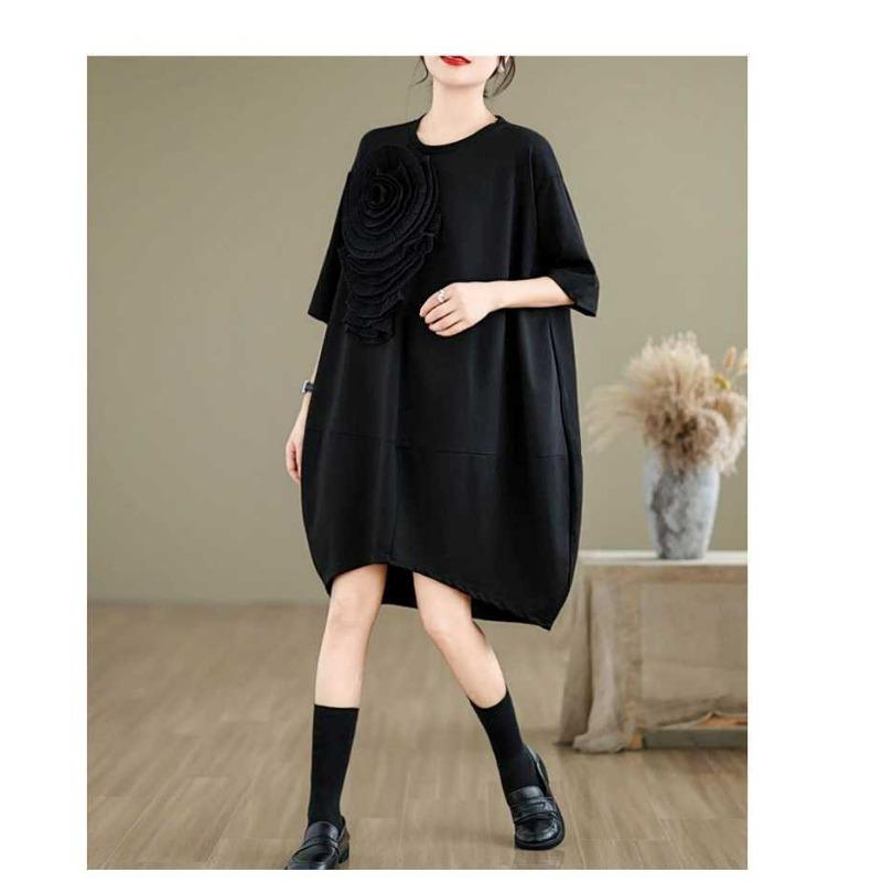 Pleated Three-dimensional Flower Short-sleeved T-shirt Dress Summer Light Luxury French Loose Chic Dress