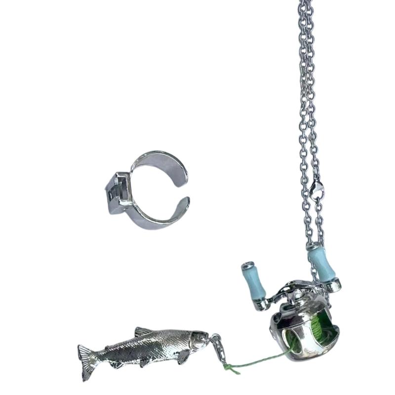 

Fishing Enthusiast Symbolic Necklace and Ring Reel Jewelry Gift Set Compact Reel Design for Birthdays Father s Day