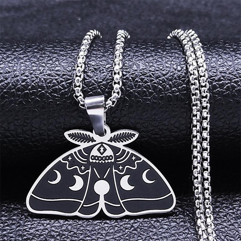 Witch Divination Luna Moth Eclipse Necklace Stainless Steel Gothic Wicca Moon Phase Necklaces Jewelry colar masculino N3409S02