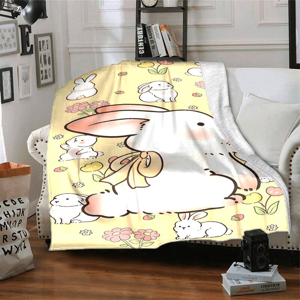 1pc Rabbit Flowers Blanket Lightweight Flannel Throw for Sofa Bed Travel Camping Livingroom Office Couch Chair