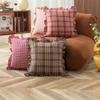 Square Throw Pillow Cover with Ruffled Edges Classic Checkered Pattern Decorative Cushion Case for Sofa Living Room Vintage Style