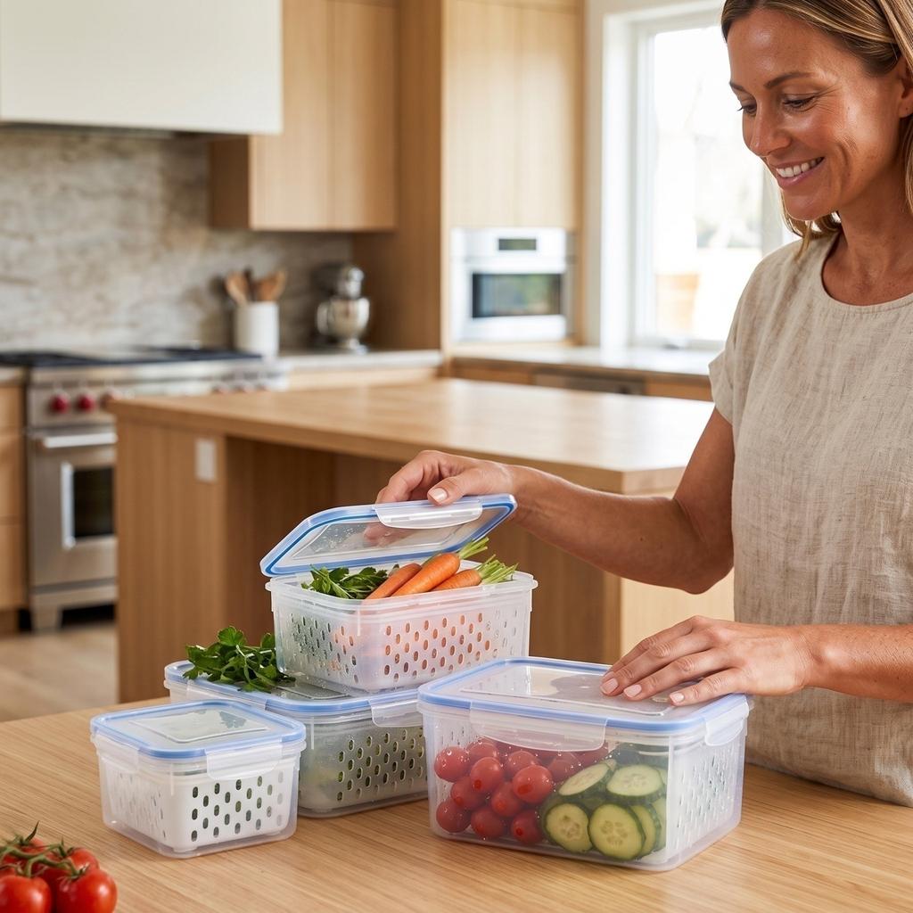 Plastic Food Storage Containers with Airtight and Colander, 3-Piece Set (Small+Medium+Large) for Kitchen and Vegetable Organization