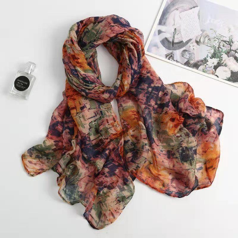 180cm Long Floral Cotton and Linen Scarf for Women, Thin and Soft, Versatile Silk Scarf for All Seasons