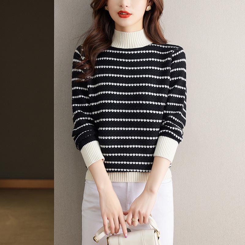 

Свитер с полувысоким воротником, осенне-зимний, нижняя рубашка, полосатая вязаная рубашка, женский топ в западном стиле 3XL чёрный