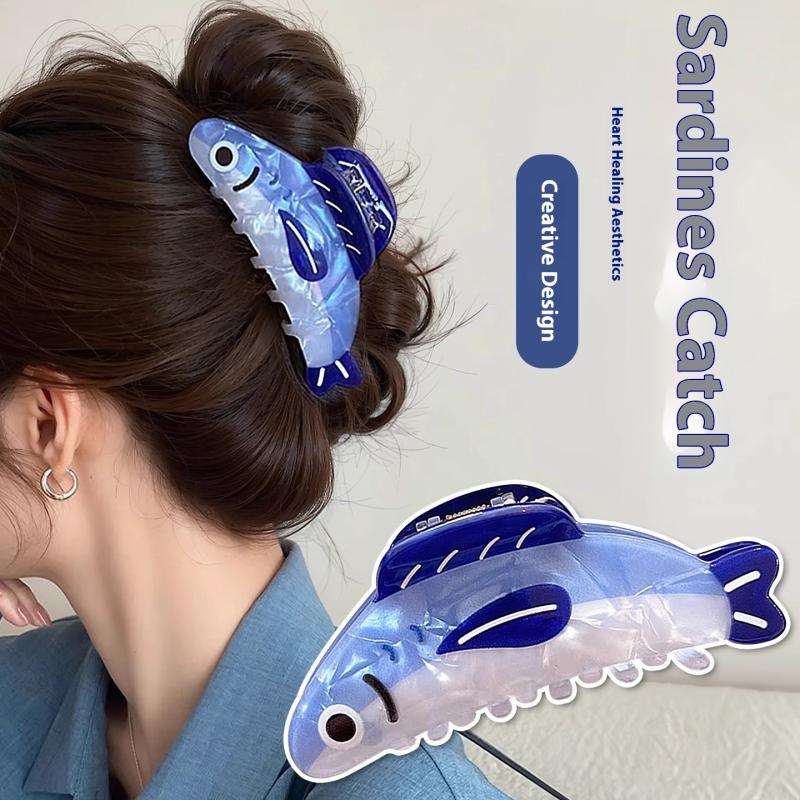 Creative Blue Sardines Hair Claw Clip Cartoon Non Slip Hairpin Lightweight Acetate Hair Barrettes